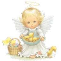 Gif animé avec un adorable petit ange portant un panier et des petits poussins jaunes de Pâques