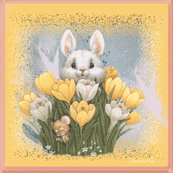 Joli gif animé avec deux lapins de Pâques timides dans une prairie fleurie. Le lapin de Pâques est également connu sous le nom de lapin de printemps.